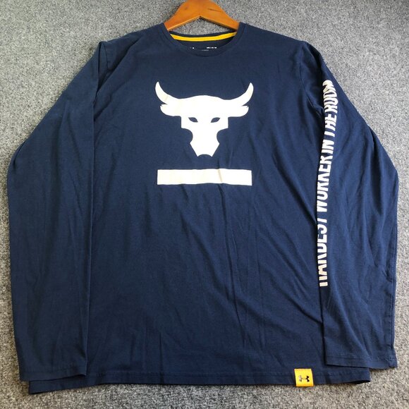 Under Armour Project Rock Shirt Mens Medium Blue Hardest Worker in the Room Gym - Picture 1 of 10